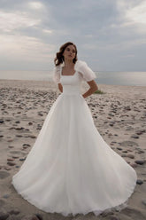 Charming A Line Square Neck Short Sleeves Wedding Dresses with Train