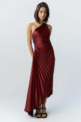 Asymmetrical Pleated Maxi Dress in Wine