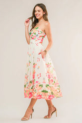 BRUNCH BOUQUET STRAPLESS FLORAL MIDI DRESS
