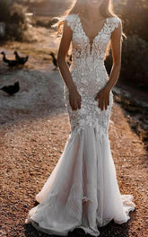 Boho Mermaid Wedding Dress Floral V neck Casual Gown with Open Back and Lace Appliques