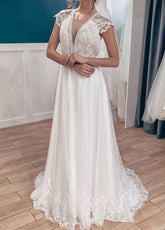 Casual A line Backyard Tulle Long Wedding Dresses with Cap Sleeves