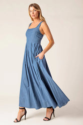 BLUE RIDGE DREAMS PINTUCK DENIM MIDI DRESS
