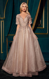 CLAUDIA GOWN SHORT SLEEVE A LINE GLITTER TULLE DRESS