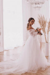 Boho A Line Wedding Dresses Detachable Long Puff Sleeve