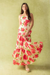 CRIMSON BLOOMS RED FLORAL MAXI DRESS