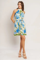 AZURE BLOOM HALTER MINI DRESS