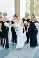 Black Mermaid Off Shoulder Side Slit V Neck Chiffon Long Bridesmaid Dress