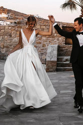 Attractive Deep V Neck White Satin Bohemian Wedding Dress