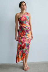 Asymmetrical Pleated Maxi Dress in Multi