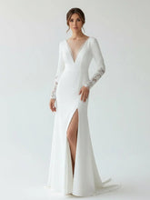 Casual V neck mermaid Sweep Train Long Sleeve Wedding Dress With Slit
