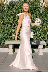 Light Blue One Shoulder Satin Sheath Long Bridesmaid Dresses