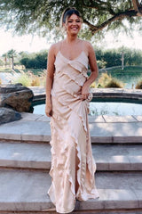 Straps Sheath Champagne Ruffle Maxi Bridesmaid Dress
