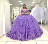 Ball Gown Lace Off the Shoulder Lavender Quinceanera Dress