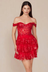 BRENNA MINI DRESS RED OFF SHOULDER TIERED SHORT DRESS