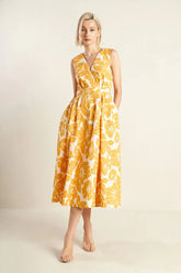 BOLD BLOOMS MUSTARD YELLOW MIDI DRESS