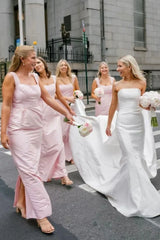 Pink Straps Sheath Square Neck Satin Sleeveless Long Bridesmaid Dress