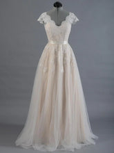 Cap Sleeve V Neck Lace Tulle Wedding Dress With Zipper Back