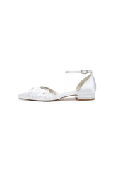 Pointed Toe White Ankle Strap Low Heels with Lace