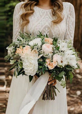 Beach Gorgeous Lace A Line Appliqued Open Back Wedding Dress With Long Sleeves