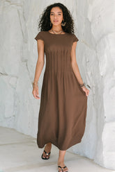 Carolina Pleated Maxi Dress in Brown