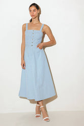 CAREFREE DAYS BLUE PINSTRIPE MIDI DRESS