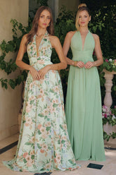 CHEYENNE GOWN SAGE FLORAL CHIFFON HALTER DRESS