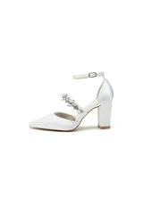 Satin Pointed Toe Rhinestone Strappy Chunky Heels