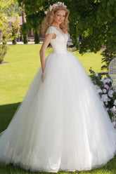Ball Gown V Neck Ruched Cap Sleeve Tulle Wedding Dress
