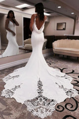 Unique Mermaid V Neck Satin Wedding Dress with Appliques