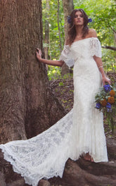 Boho Off Shoulder Sheath Scalloped Lace Wedding Dress With Long Train