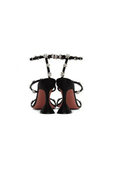 Black Ankle Straps Open Toe Chunky Heels with Flower Rhinestones