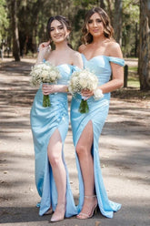 Blue Off the Shoulder Pleated Long Bridesmaid Dress with Slit