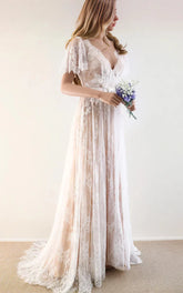 Boho V neck Beach A line Country Elegant Lace Petals Illusion Bell Wedding Dress with Train