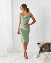 Aspen Midi Dress Sage Satin Slip Dress