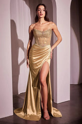BECCA GOWN STRAPLESS CRYSTAL SATIN FITTED DRESS