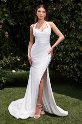 Autumn Gown Off White Stretch Spandex Satin Halter Fitted Dress