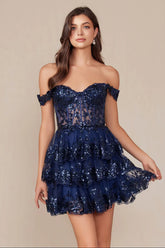 BRENNA MINI DRESS NAVY BLUE OFF SHOULDER TIERED SHORT DRESS