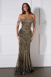 Astoria Gown Off The Shoulder Crystal Fringe Dress