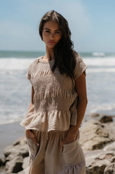 Ashton Smocked Top in Taupe