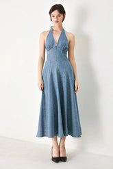 BLUE HALTER DENIM MIDI DRESS