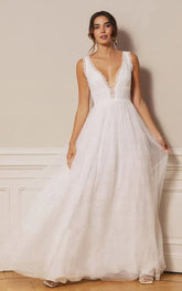Bohemian Lace Tulle Plunging Neckline A Line Floor length Deep V Back Wedding Dress