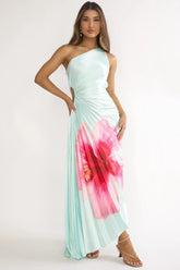 Beth Maxi Dress Mint Floral Pleated Maxi Dress with Cut Out