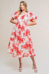 COTTAGE GARDEN PUFF SLEEVE MIDI DRESS RED