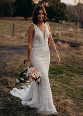 Bohemian Lace wedding Dresses Mermaid V Neck Backless Bridal Gowns
