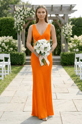 Charming Sheath V Neck Stretch Satin Bridesmaid Dresses