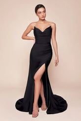 AVA POINTED V NECKLINE GOWN STRAPLESS STRETCH SPANDEX SATIN FITTED DRESS