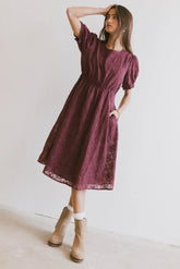 Cecy Embroidered Midi Dress in Burgundy FINAL SALE