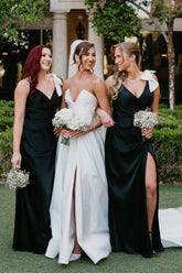 Black V Neck Mermaid Spaghetti Straps Satin Long Bridesmaid Dress with Bow