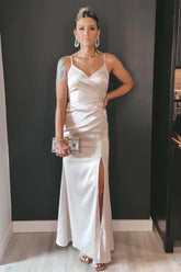 Beige V Neck Ruched Long Bridesmaid Dress with Slit