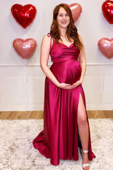 Burgundy Satin Spaghetti Straps A Line Long Bridesmaid Dress With Slit